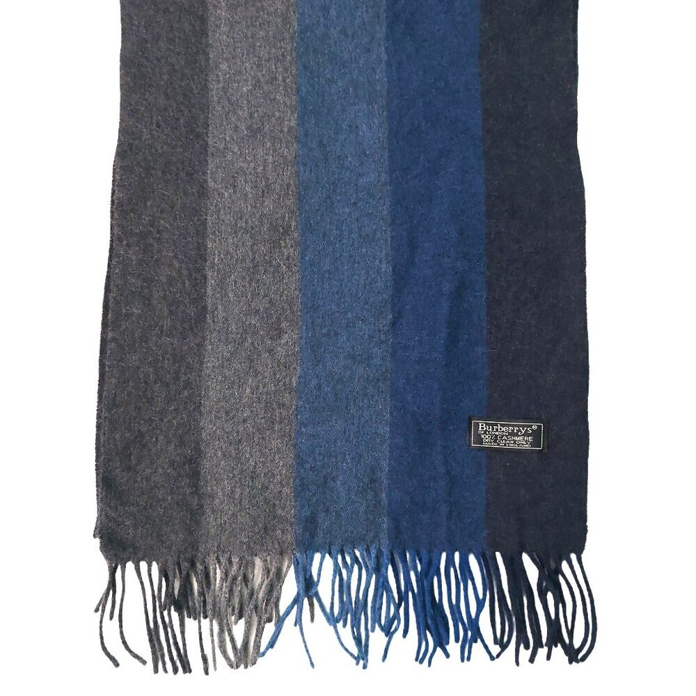 Burberry Blue & Gray Vertical Stripe Cashmere Fall Winter Outdoor Scarf Scarves - Picture 3 of 5